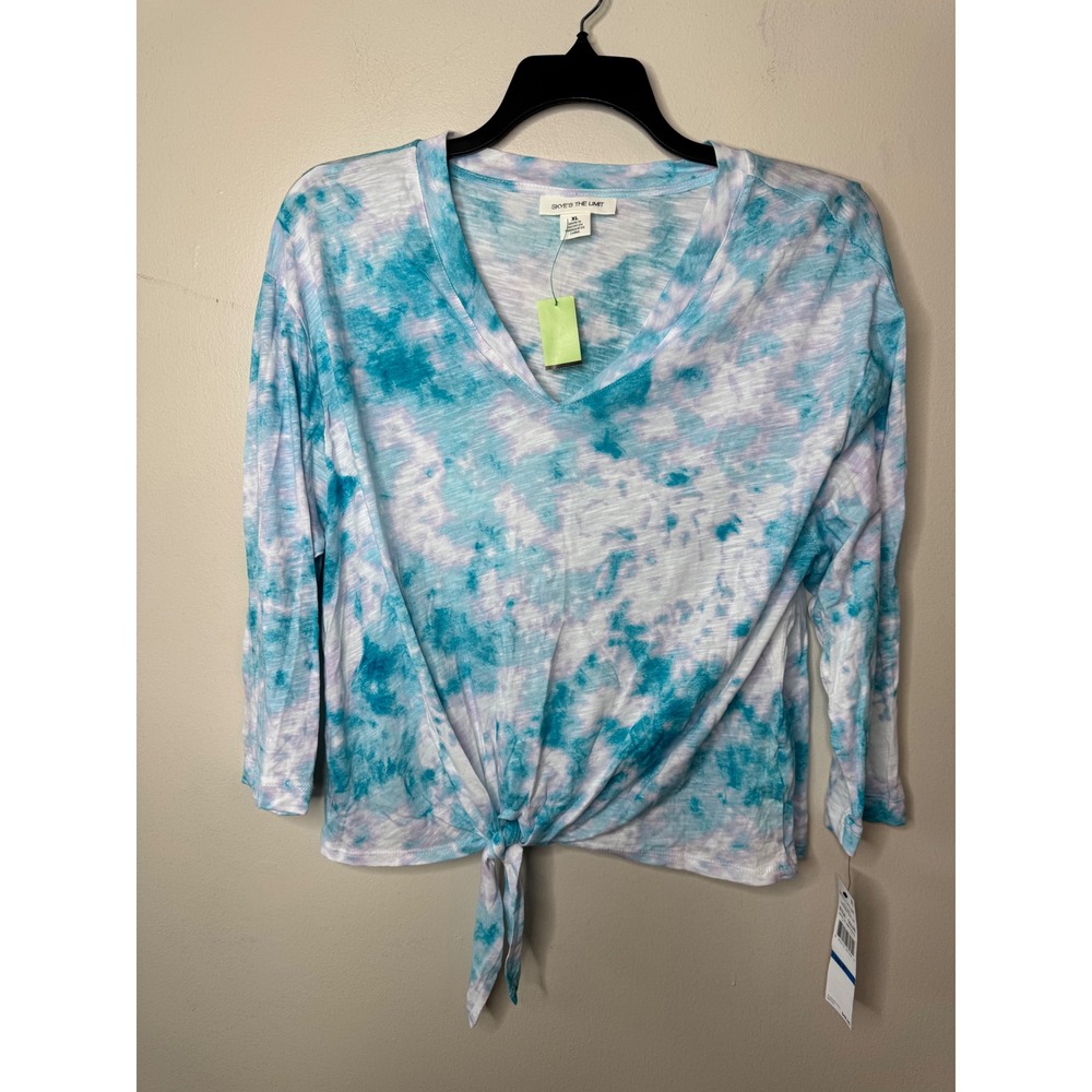Skyes The Limit Lavender Sky JQ Tie Dye Front Tie V-Neck Top Blue Purple